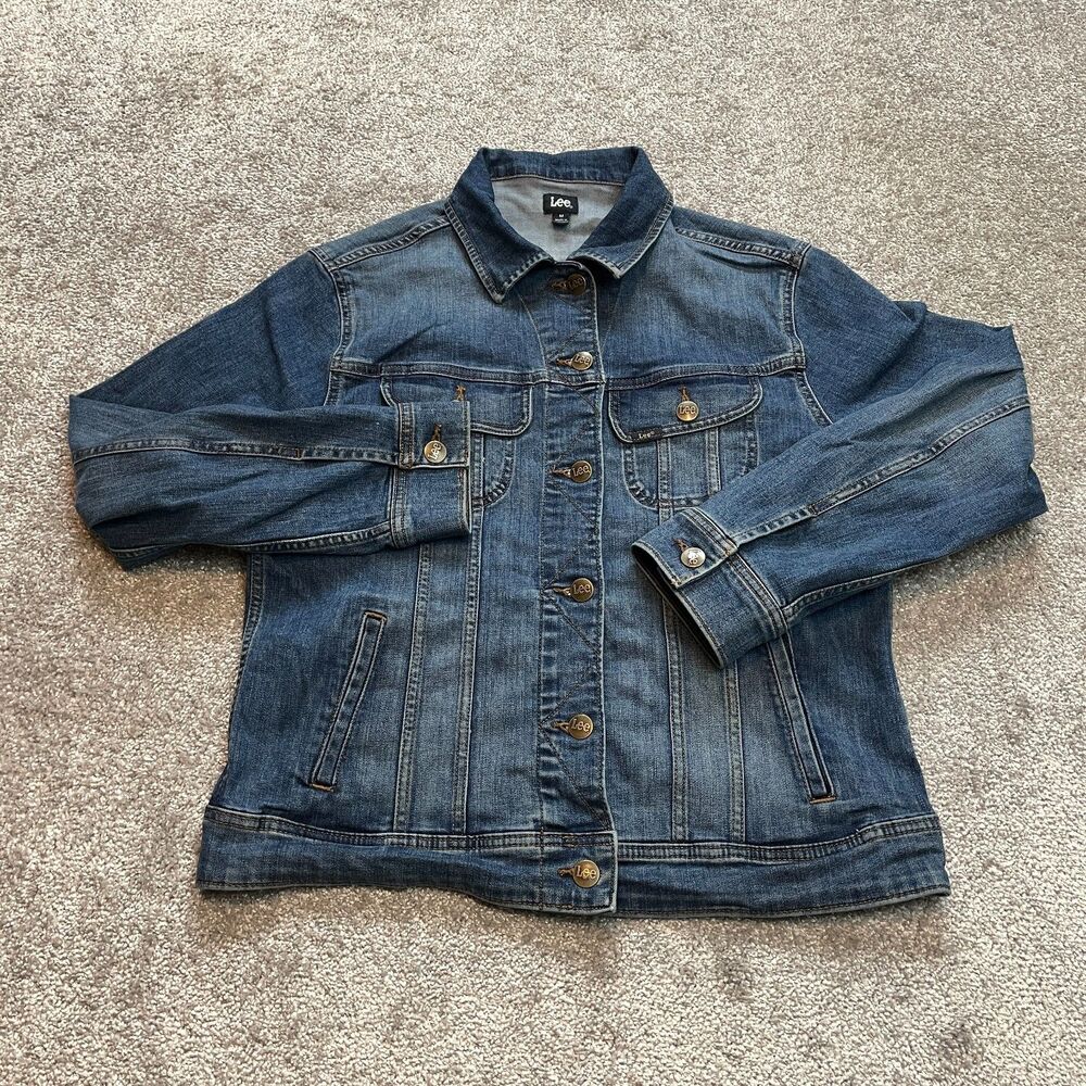 Lee Denim Jean Jacket Womens Medium Blue Button Up Collared Pockets Dark Wash